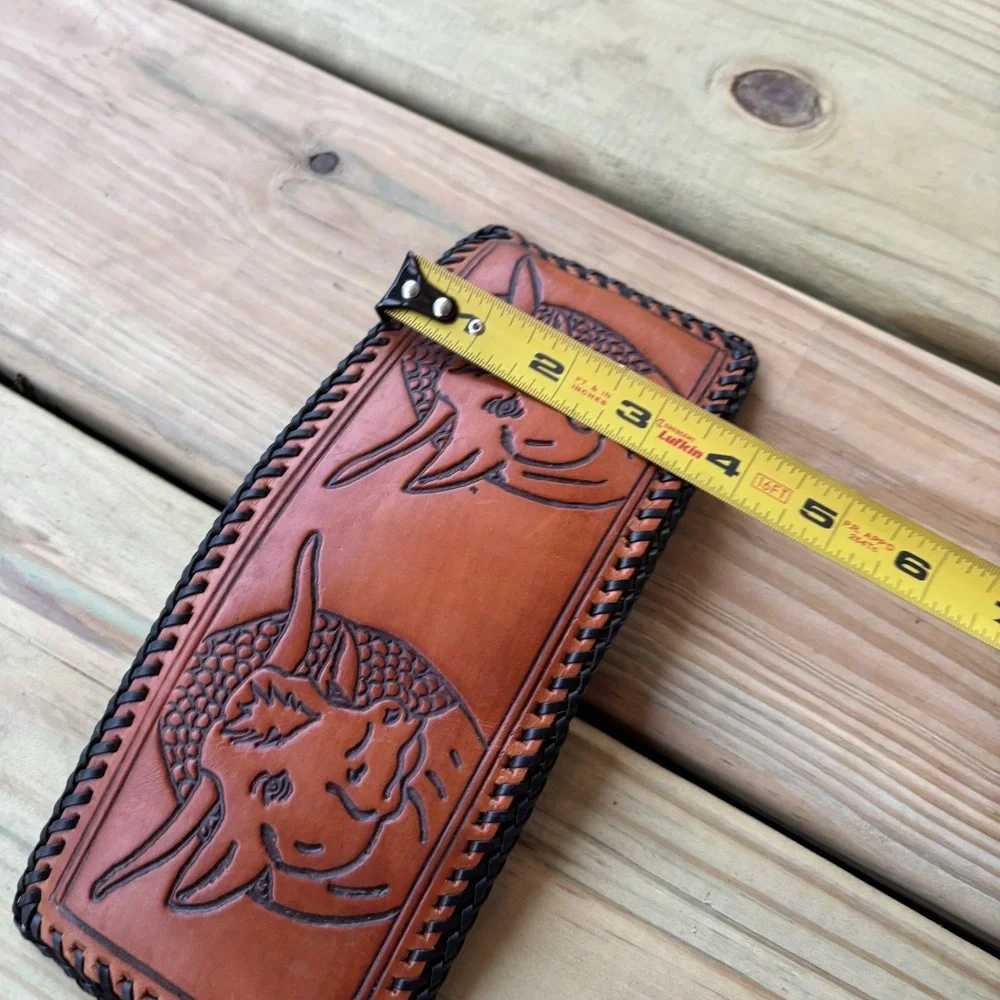 Vintage Bifold Leather Wallet Hand Tooled Western Cowboy Cow Cattle Whipstitch